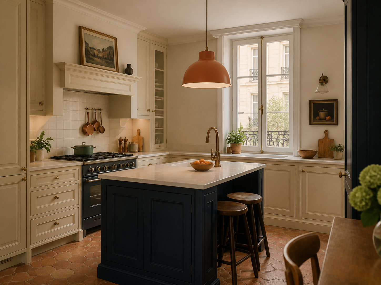 Cuisine familiale crème et bleu nuit